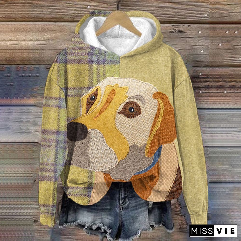 Plaid Dog Print Long Sleeve Hoodie