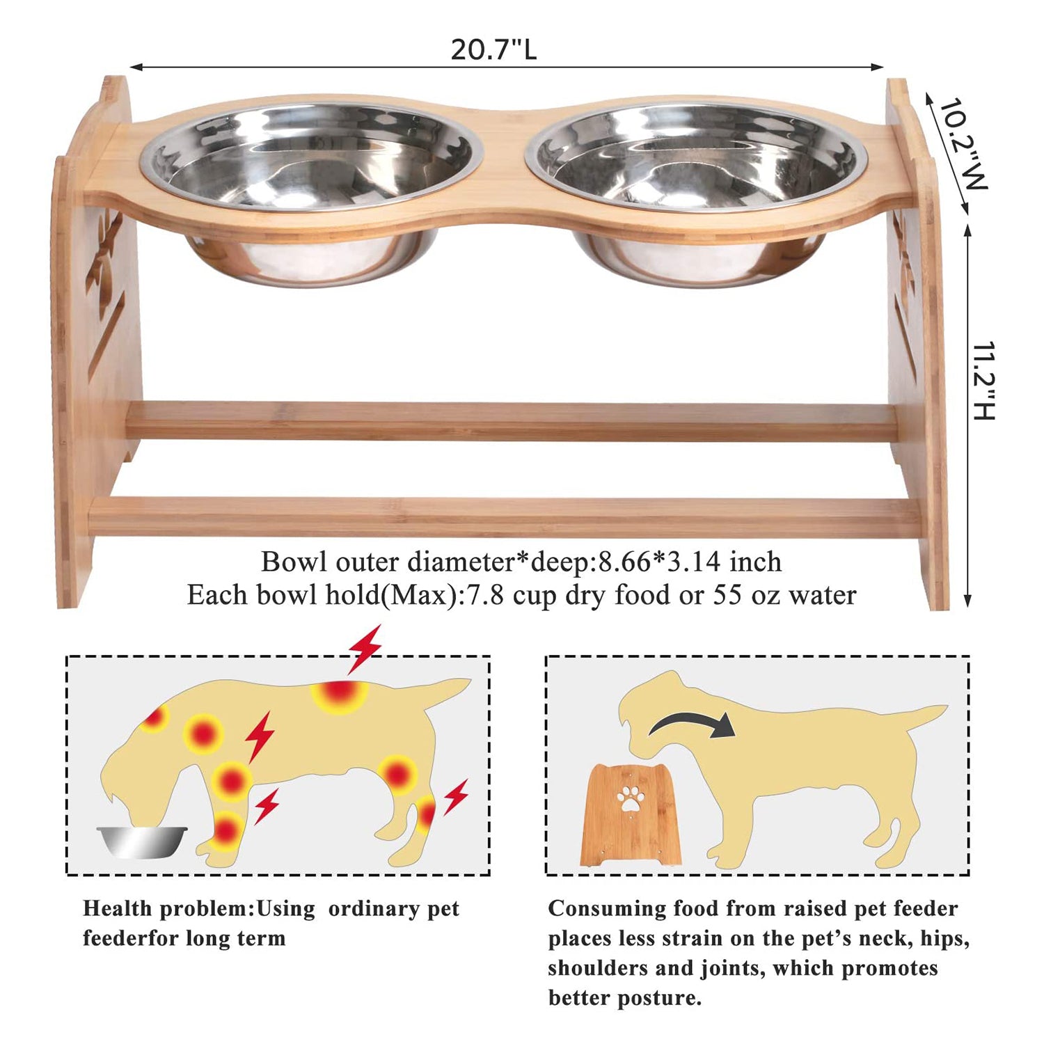 X-ZONE PET Raised, Elevated and Adjustable Pet Bowls for Cats and Dogs with Bamboo Stand Feeder, 2 Stainless Steel Bowls and Anti Slip Feet