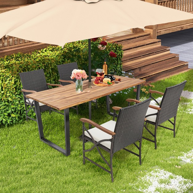 Costway 5 Pcs Patio Rattan Dining Set Acacia Wood Table 4 Wicker Chairs With Umbrella Hole