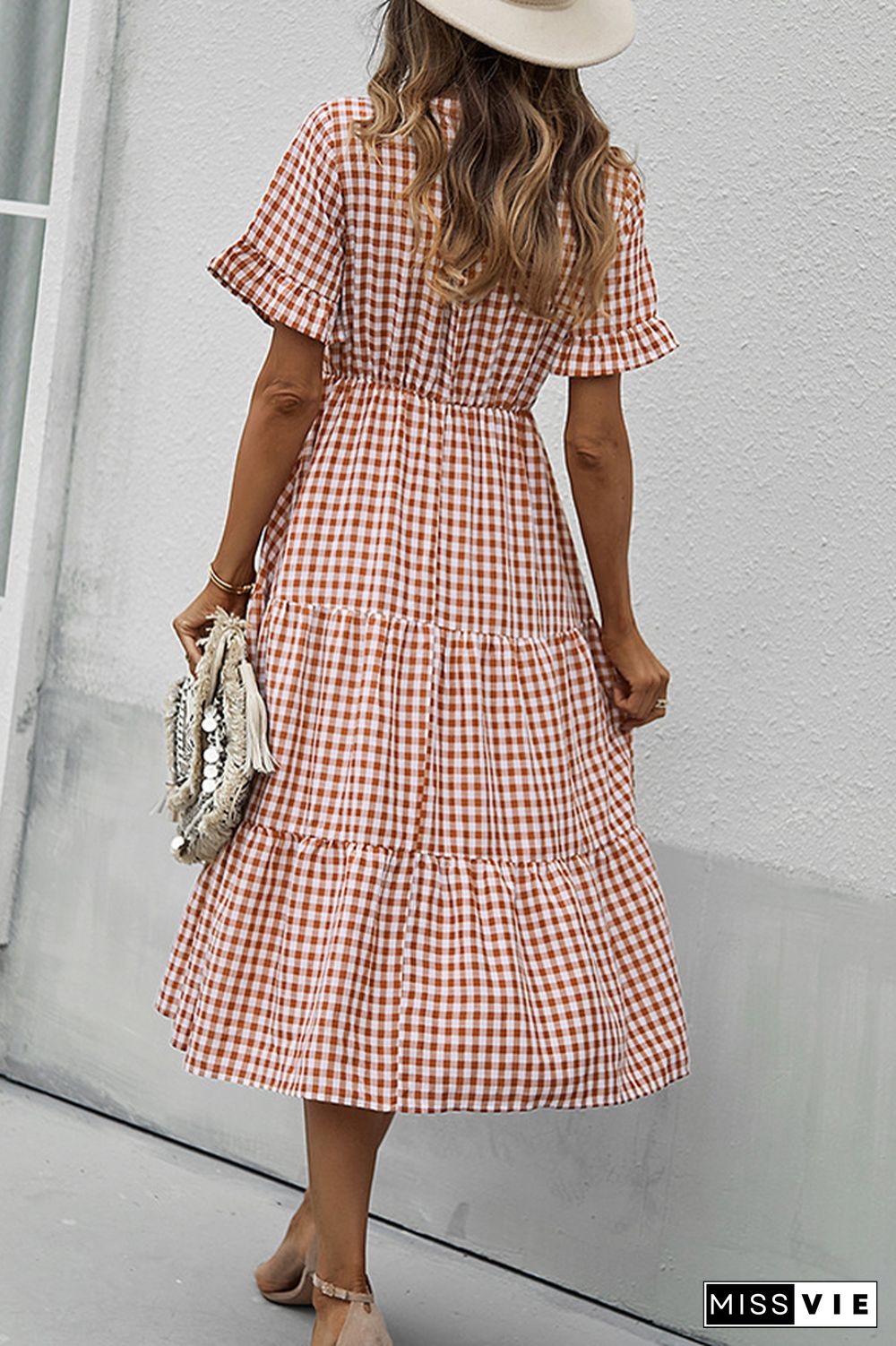 Plaid V-neck Short Sleeve Long Dress Wholesale