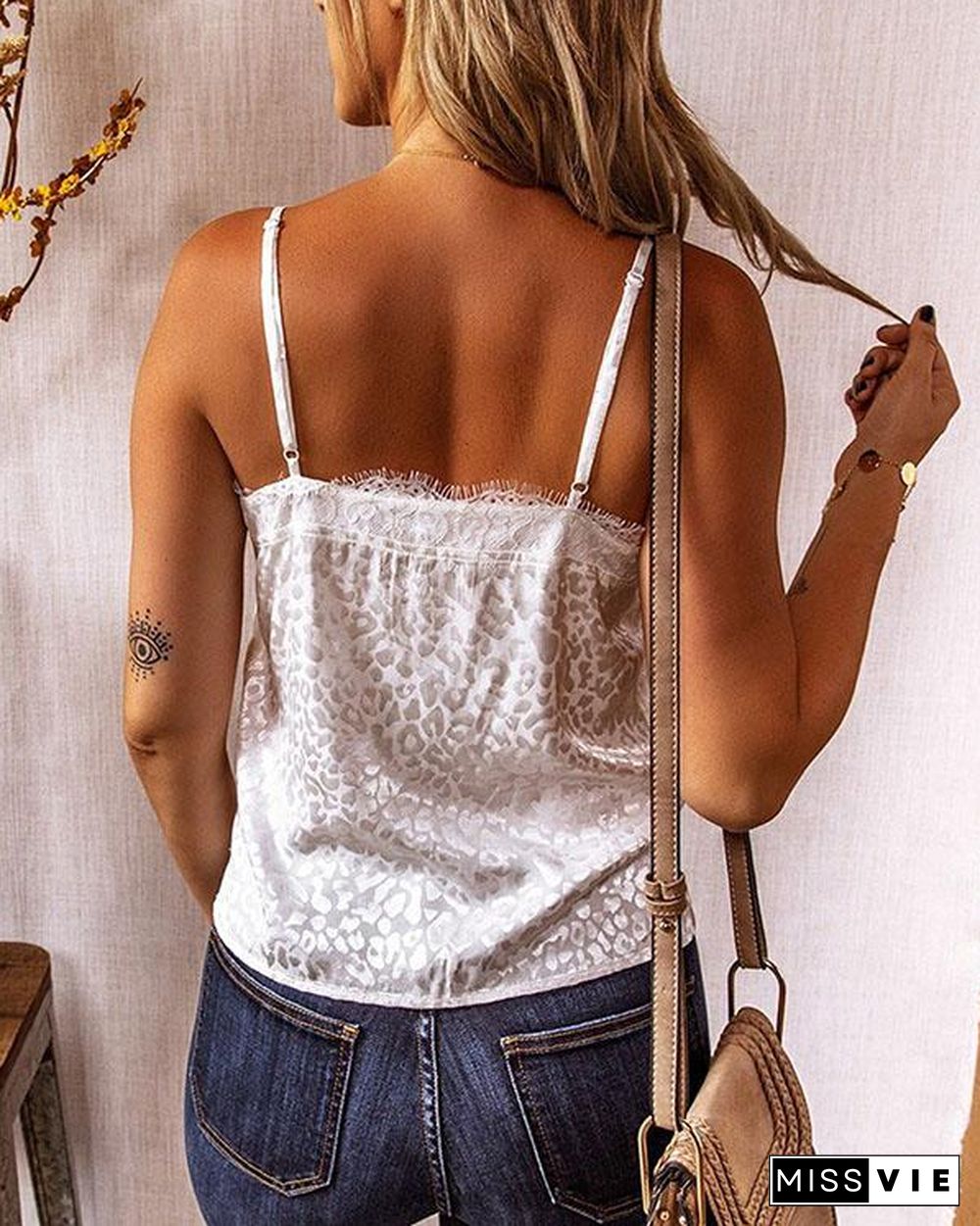 Lace Leopard Spaghetti Strap Sleeveless Button Up Casual Sexy Tank Tops