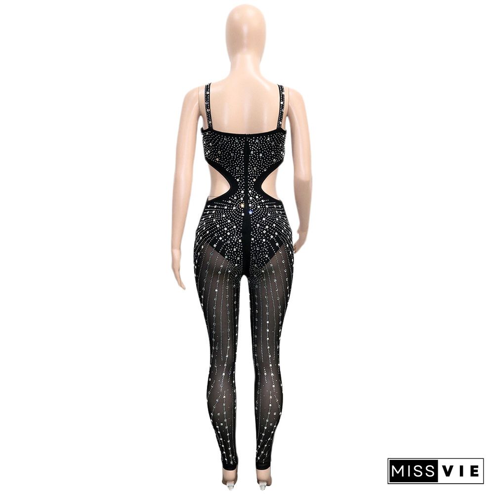 Elegant Hot Drill Cut Out Mesh Bodycon Jumpsuit