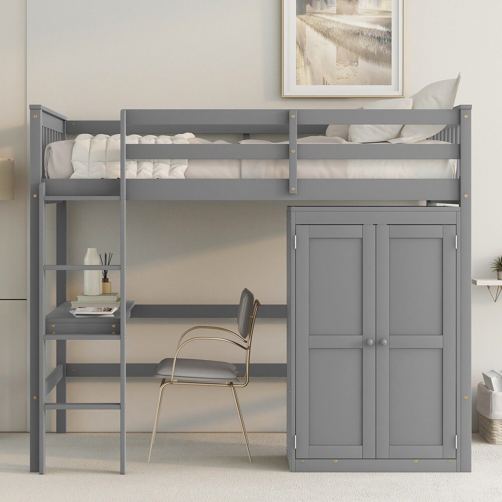 Twin Size Wood Loft Bed with Desk and Wardrobe  Gray