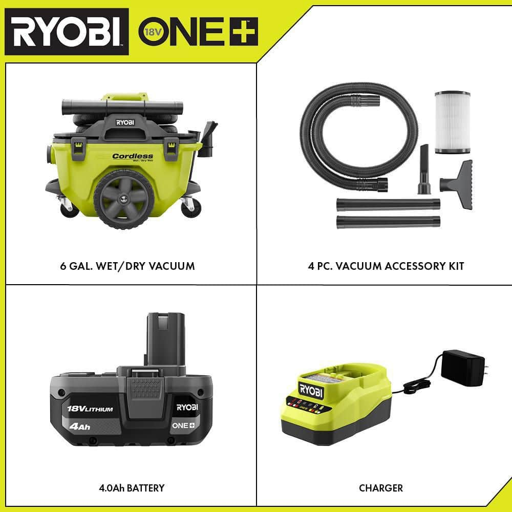 RYOBI ONE+ 18V Cordless 6 Gal. Wet/Dry Vacuum Kit with 4.0 Ah Battery, Charger and Vacuum Accessories P770KN