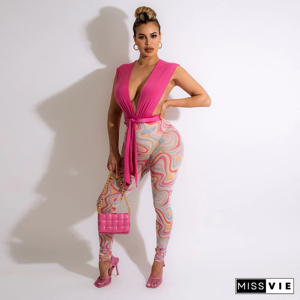 Sexy Bandage Crop Top Printed Pencil Pants Set