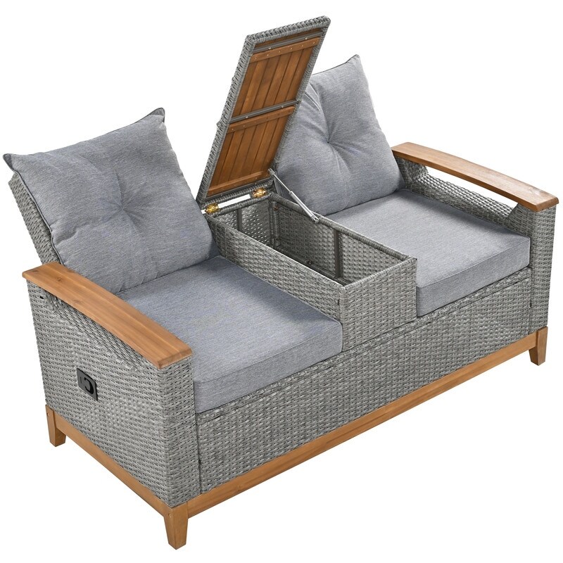 Outdoor Patio Sofa Adjustable Loveseat with Storage Armrest