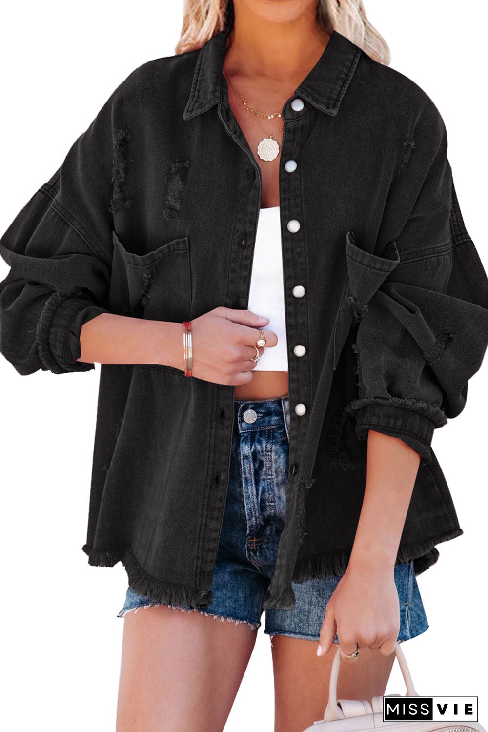 Black Distressed Fringe Trim Denim Jacket