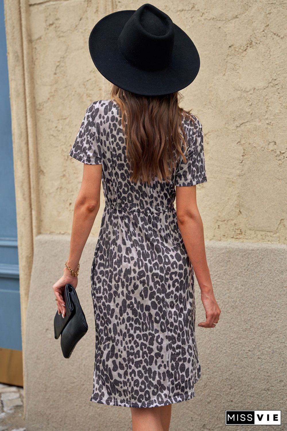 Leopard Short Sleeve Pocketed Drawstring Casual Dress