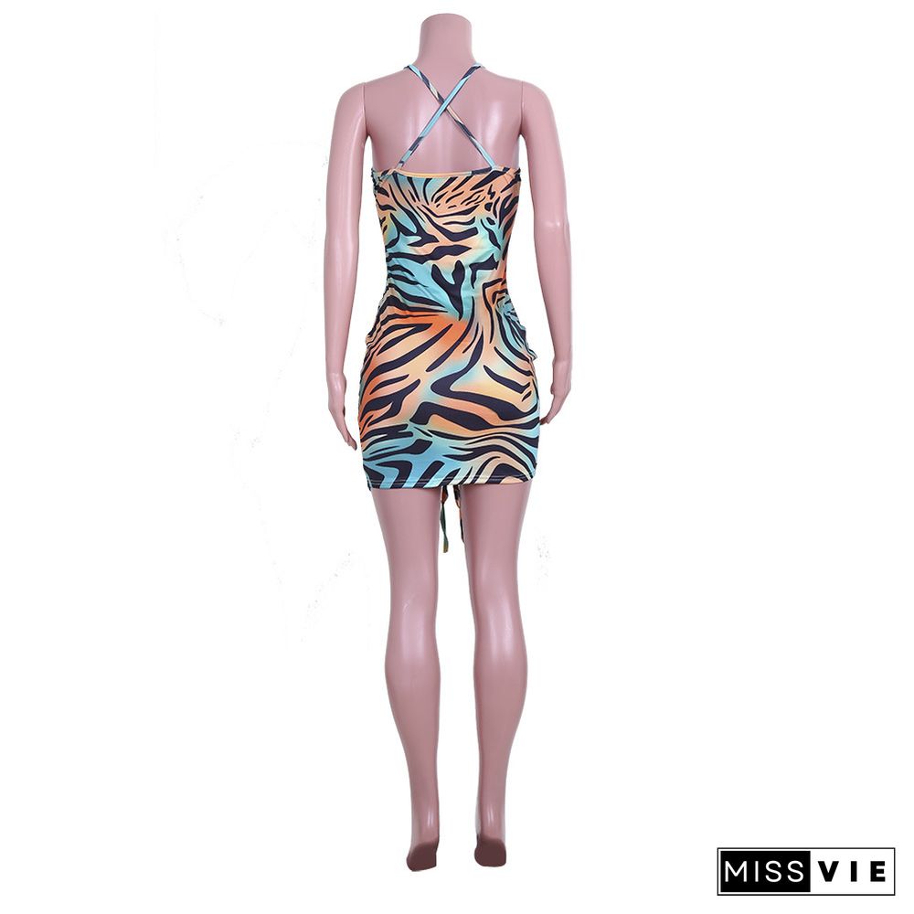 Sexy Printed Sleeveless Drawstring Ruched Bodycon Dress