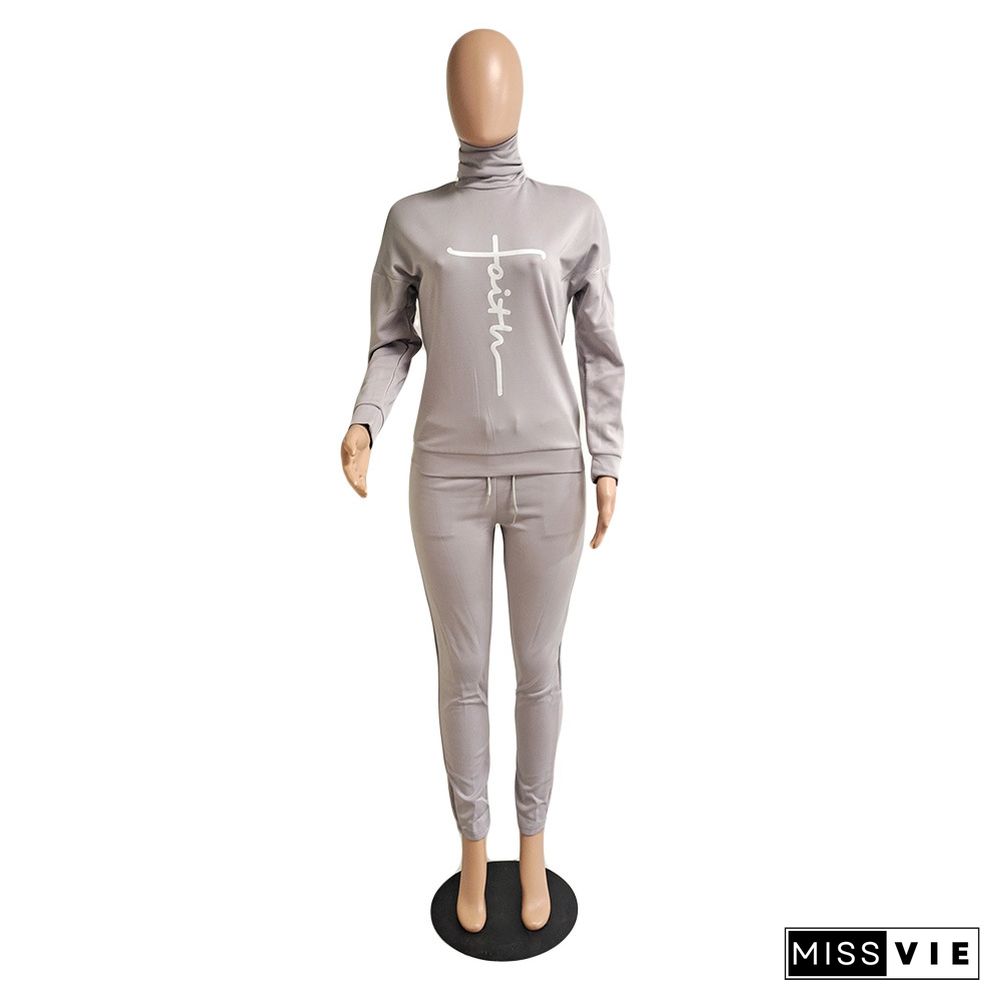 Faith Letter Turtleneck Long Sleeve T-shirt and Pants Suit