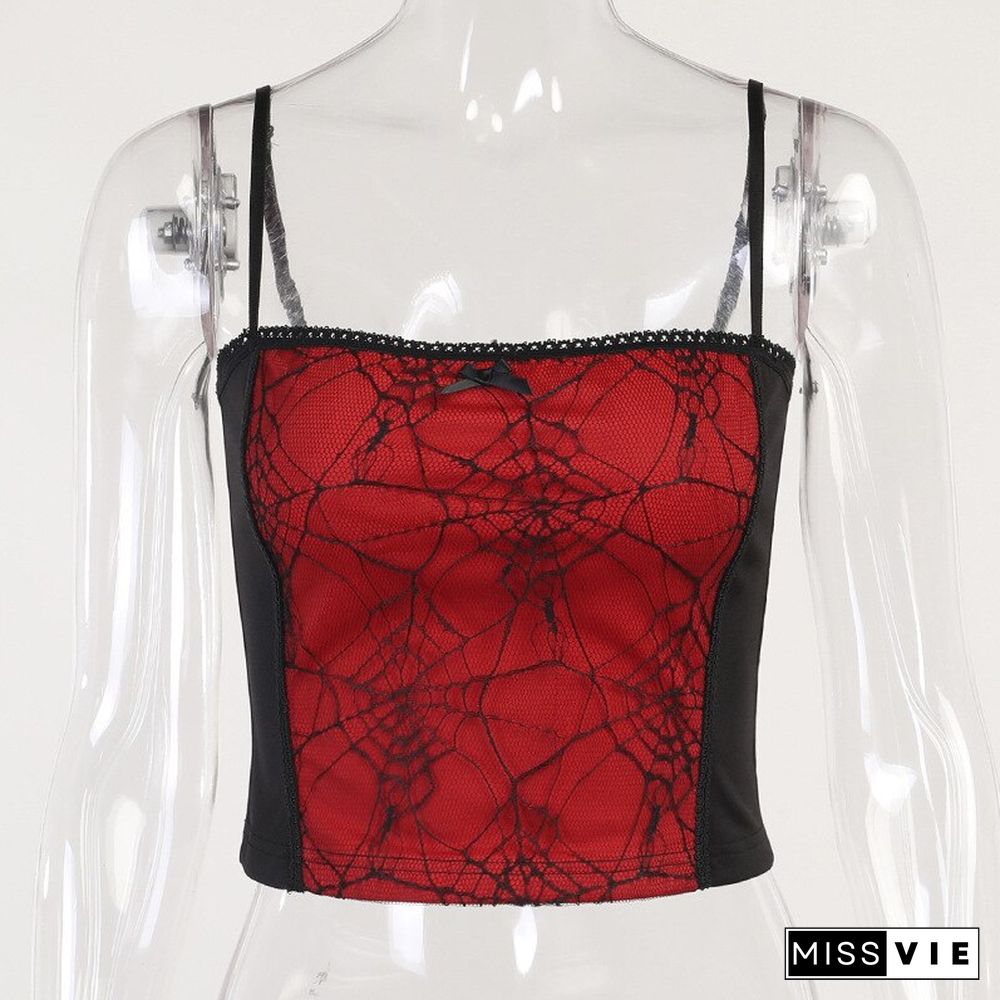 Grunge Goth Top Vintage Harajuku Sexy Cut Out Zipper Camisole Punk Spider Net Graphic Backless Summer Basic Crop Camis