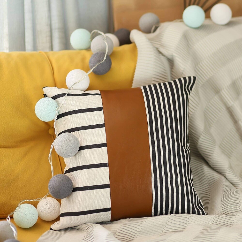 Bohemian Striped Vegan Faux Leather Throw Pillow