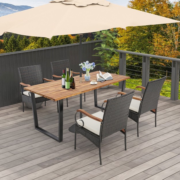 Costway 5 Pcs Patio Rattan Dining Set Acacia Wood Table 4 Wicker Chairs With Umbrella Hole