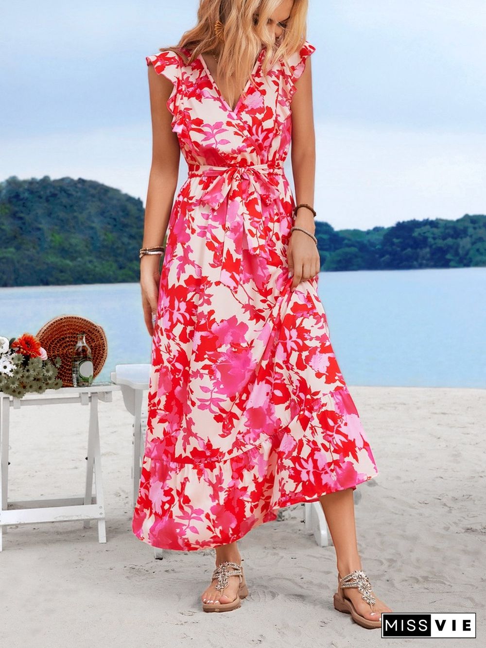 Elegant Floral Print Dress For Women Summer Dresses New Skinny V-Neck Short Flyer Sleeves Lace-up A-line Maxi Dress