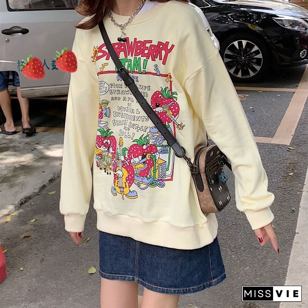 Harajuku Oversized Strawberry Print Hoodie Women O Neck Loose Vintage Clothes Top Streetwear Sweatshirts Graphic Cute Pullover220719