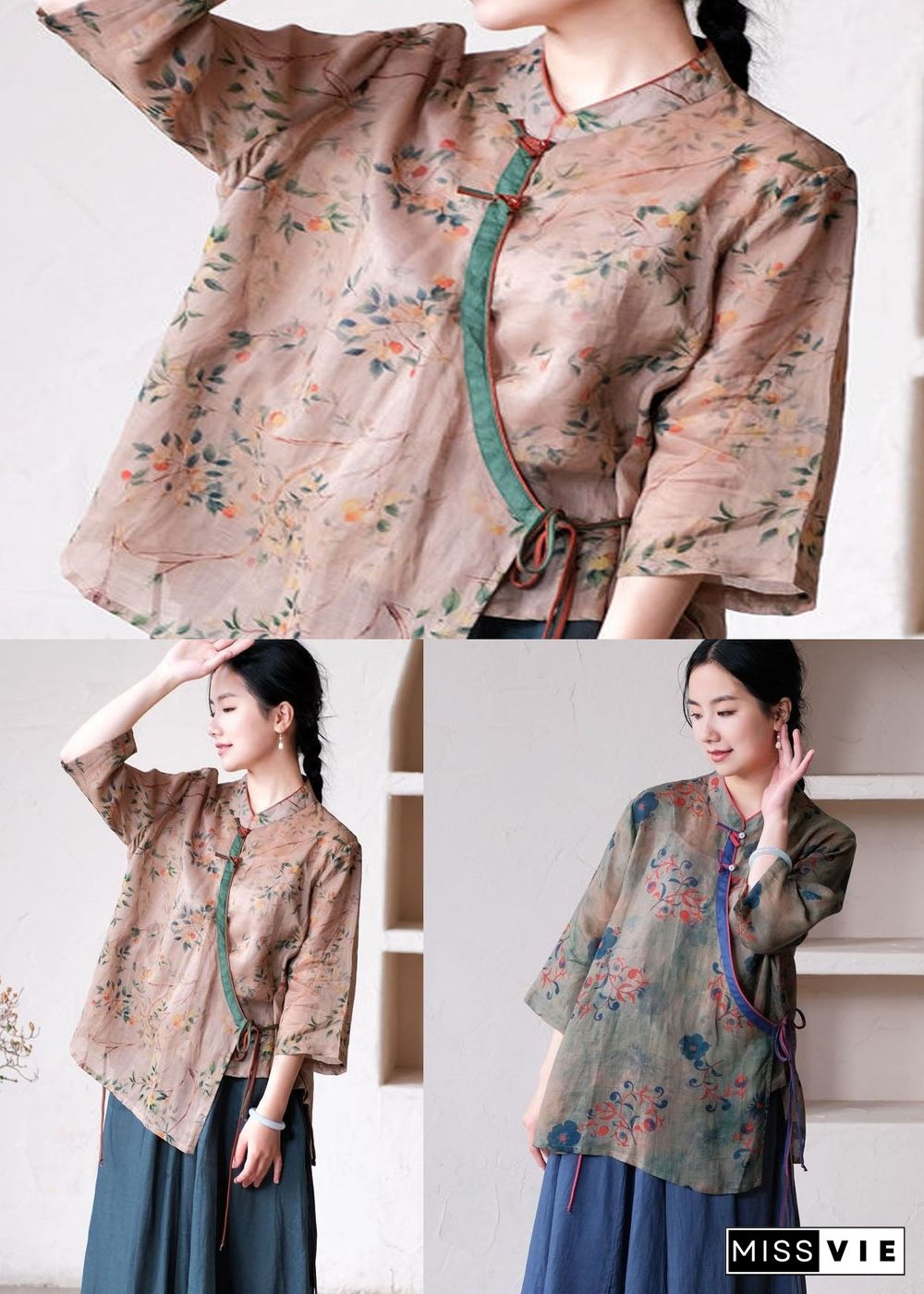 Handmade Khaki Stand Collar Print Patchwork Linen Shirts Summer