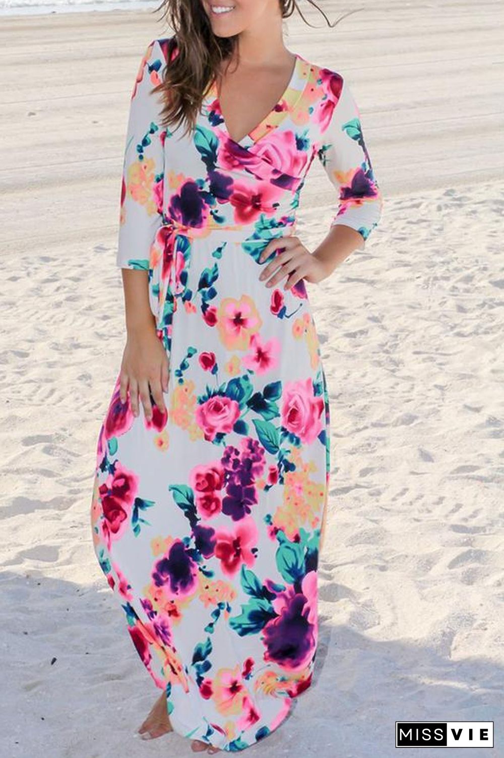 Mixed Color Flower Printed V Neck Maxi Dress