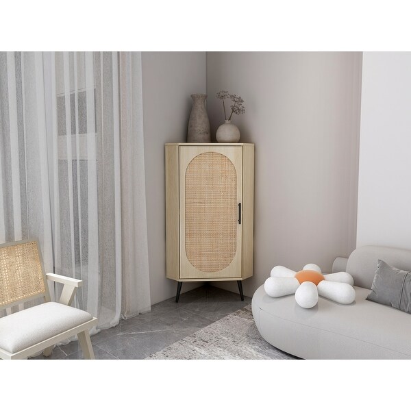 Corner cabinet ，Rattan door，Freestanding Corner Tables For Small Spaces， Corner Shelf Stand For Living Room