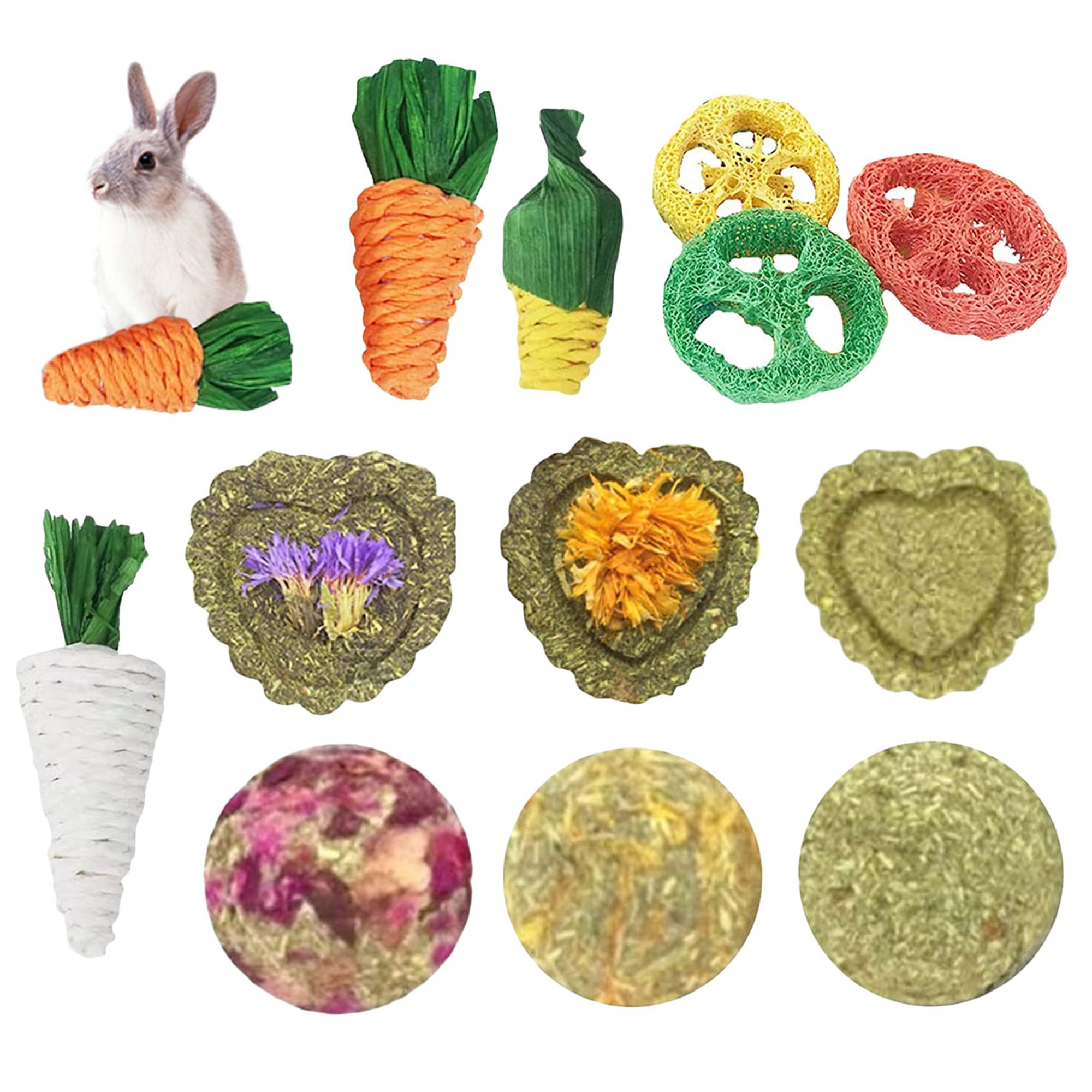 JINSIJU 12Pcs Rabbit Chew Toys， Chew Treats and Balls for Rabbit， Bunny， Chinchilla， Guinea Pig， Hamster， Bunny Teeth Care