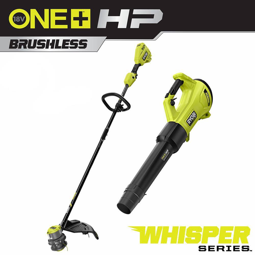 RYOBI P20019BTL-2X ONE+ HP 18V Brushless Whisper Series Cordless String Trimmer and Whisper Series 130 MPH 450 CFM Leaf Blower (Tool-Only)