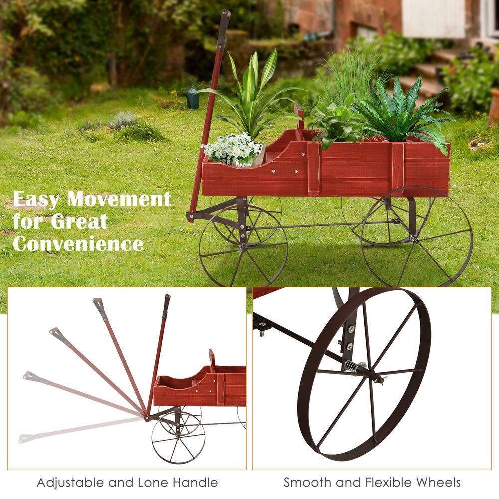 HONEY JOY Wooden Garden Flower Planter Wagon Wheel Plant Bed Decorative Garden Planter for Backyard Garden Red TOPB004891