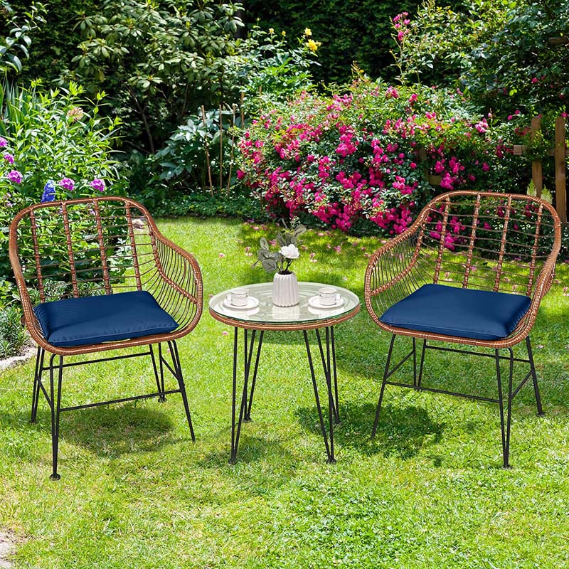 3 Pcs Patio Conversation Bistro Set Outdoor Rattan Furniture Set with Round Table & 2 Rattan Cushioned Armchairs