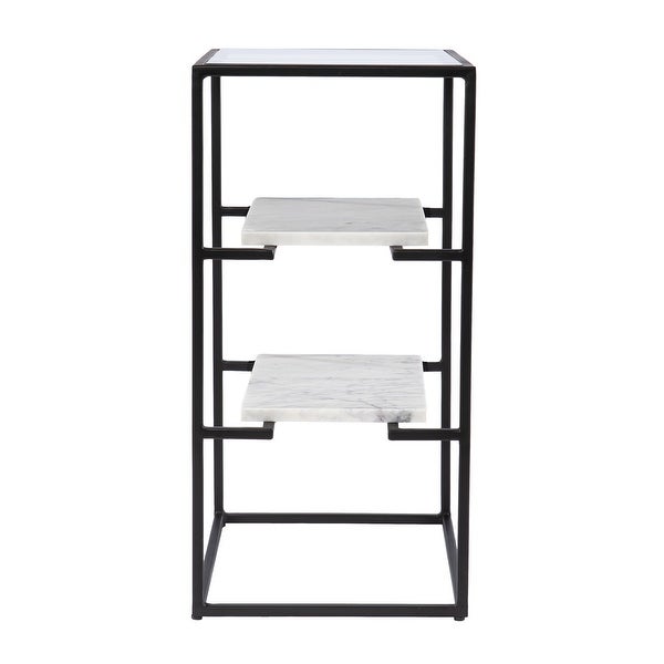 SEI Furniture Piesby Glass-Top End Table with Marble Shelving， Black/White