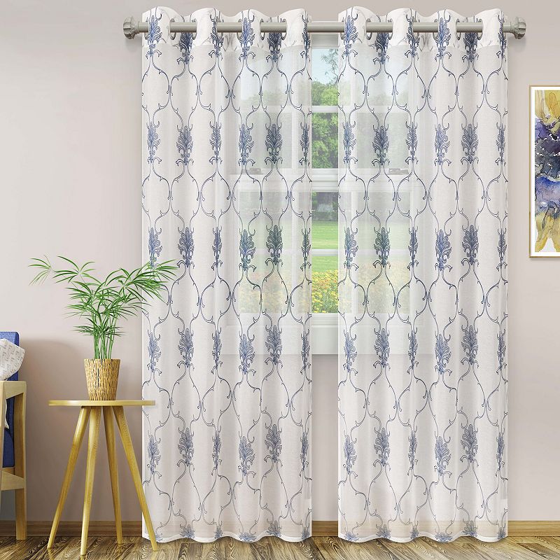 Superior Embroidered Elegant Scroll Sheer Grommet 2-Pack Window Curtain Set