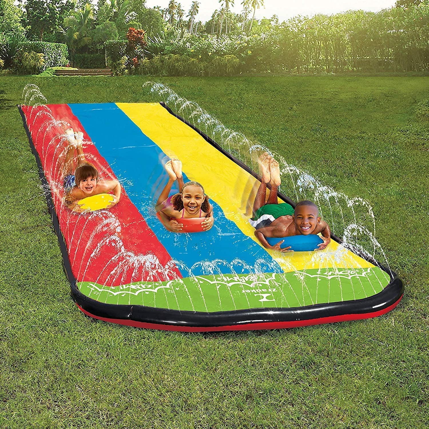 Lavinya Triple Lane Slip, Slip and Slide Water Slide with 3 Boogie Boards, Slip and Slide Racing Lanes with Built-in Sprinkler for Kids and Children