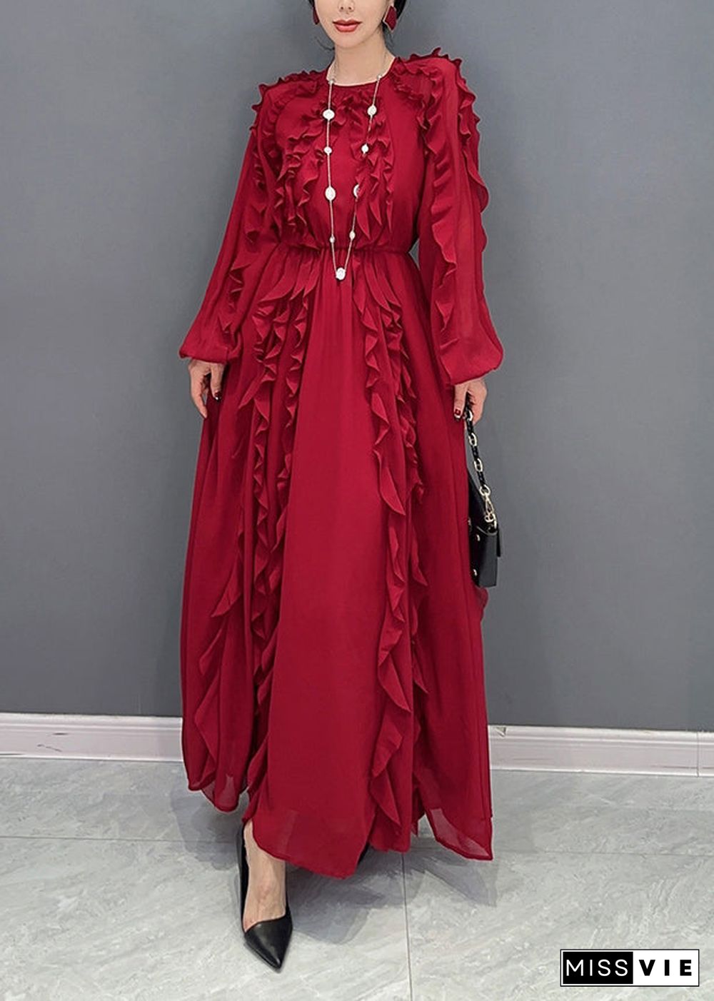 Red Slim Fit Chiffon Long Dresses O-Neck Ruffles Spring