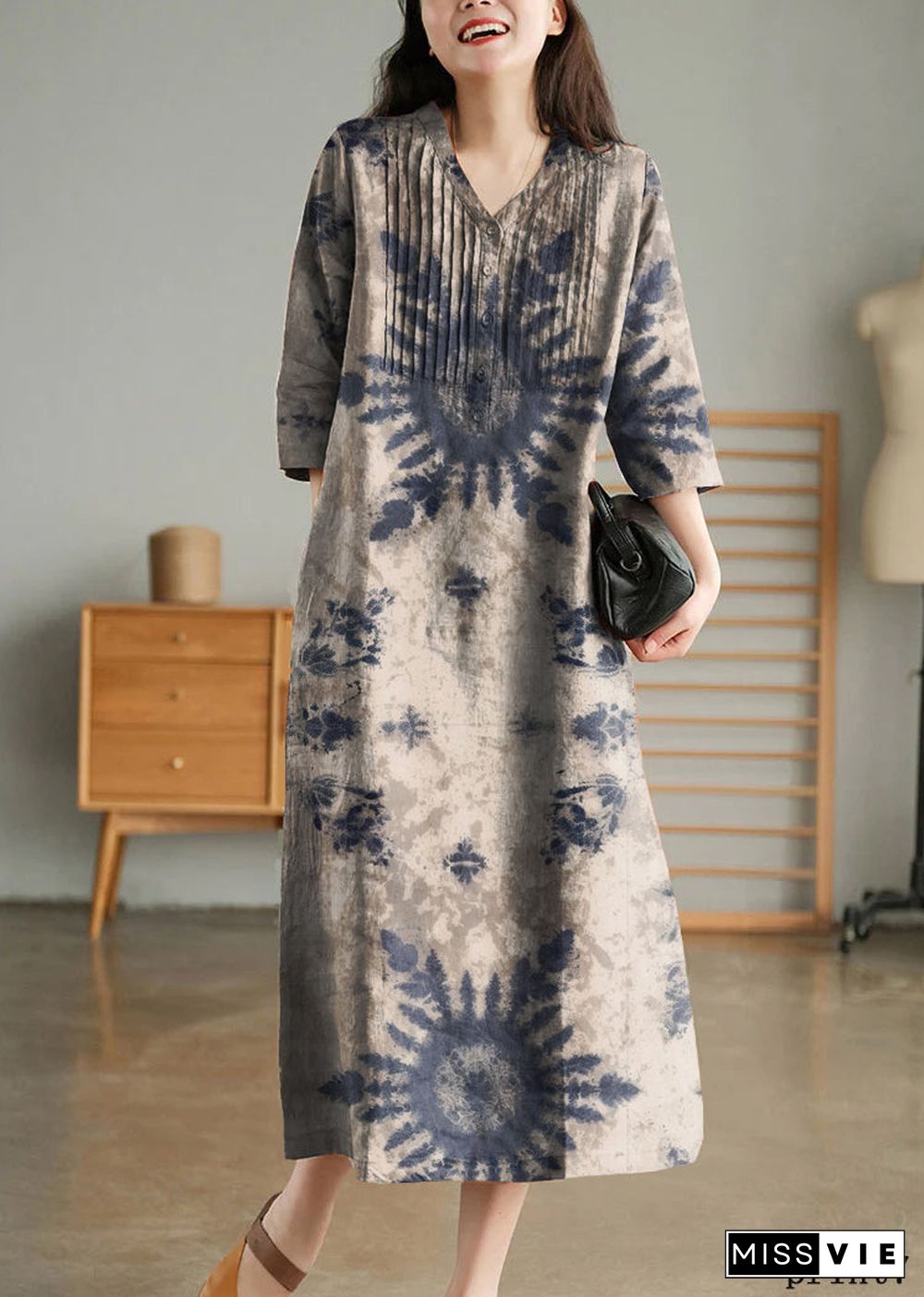 Blue Print10 Loose Linen Long Dresses Button Solid Half Sleeve