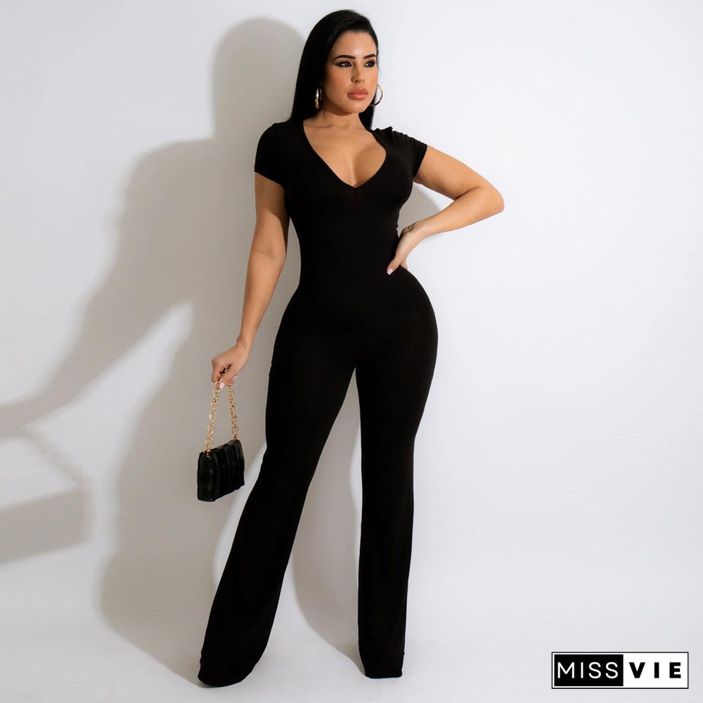 Short Sleeve V-neck Solid Flare Jumpsuit