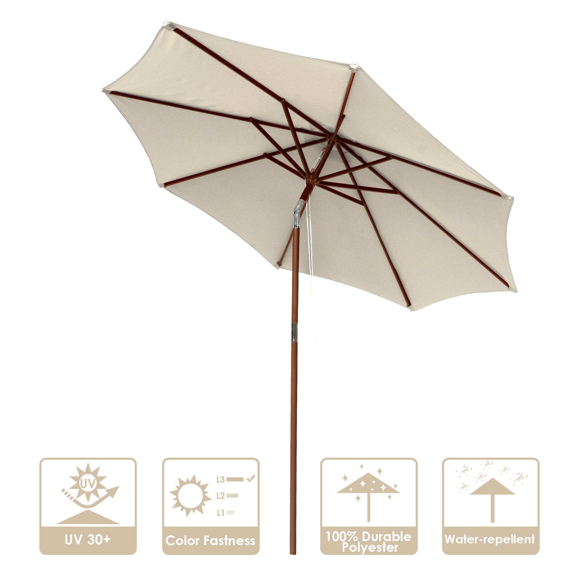 LAGarden 9 Ft Wooden Patio Umbrella 8 Ribs Easy Tilt Table Parasol Outdoor Backyard Pool