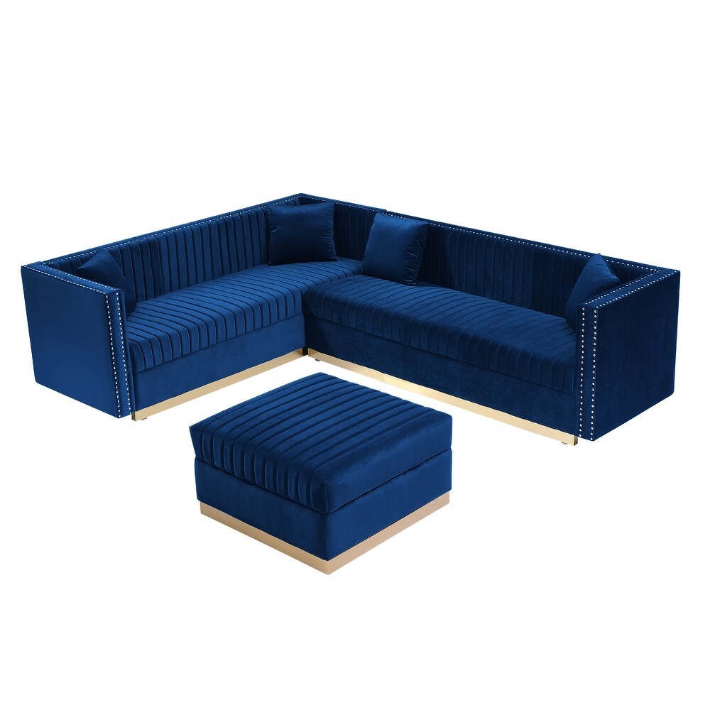 Vertical Channel Tufted Velvet Sectional Sofa  L Shaped Upholstered Corner Couch with Ottoman and 4 Pillows  Nailhead Trimming