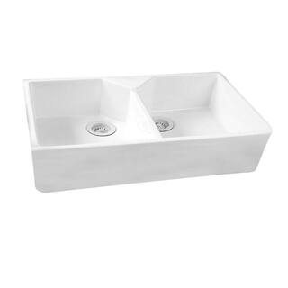 PRIVATE BRAND UNBRANDED Farmhouse Apron Front Fireclay 32 in. 1-Hole Double Bowl Kitchen Sink in White FS31-1