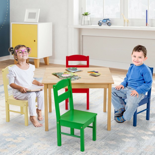 Costway Kids 5 Piece Table Chair Set Pine Wood Multicolor Children Play Room Furniture