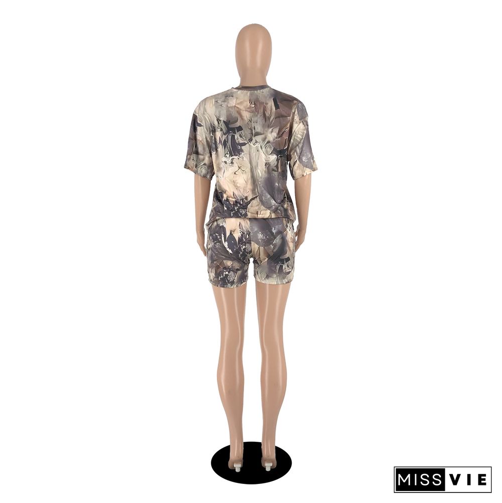 Camo Print Short Sleeve T Shirt Biker Shorts Tracksuits