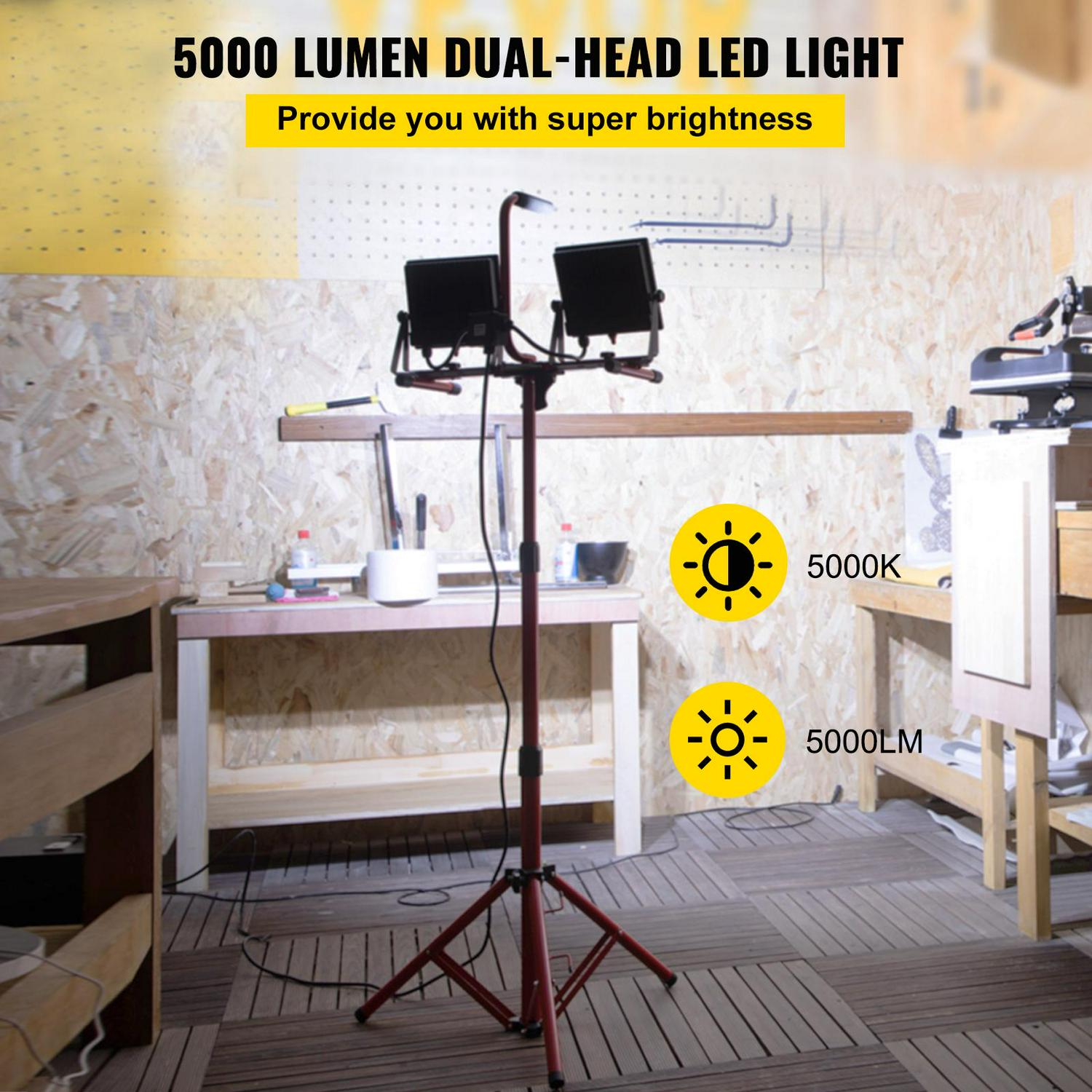 VEVORbrand LED Work Light with Stand， 5000 Lumen Dual-head LED Work Light with 27.6 -68.1 Adjustable and Tripod Stand， IP65 Waterproofed LED Outdoor Light Stand， with 5000K Color Temperature