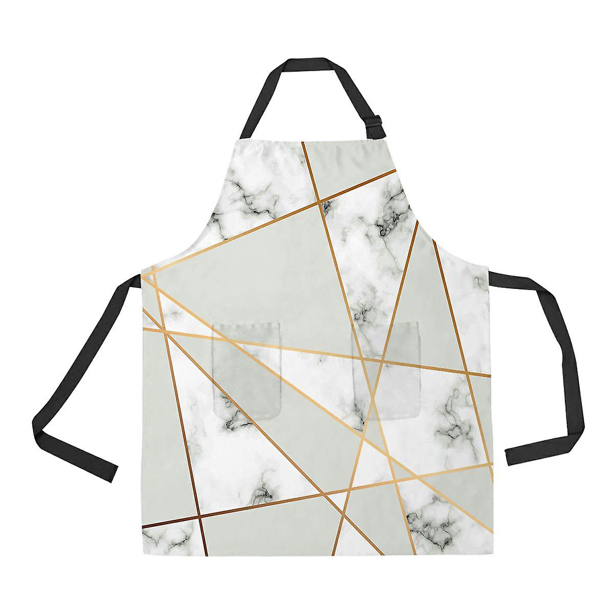 Golden Geometric Lines Black White Marbling Surface Apron Home Kitchen Apron With Pockets