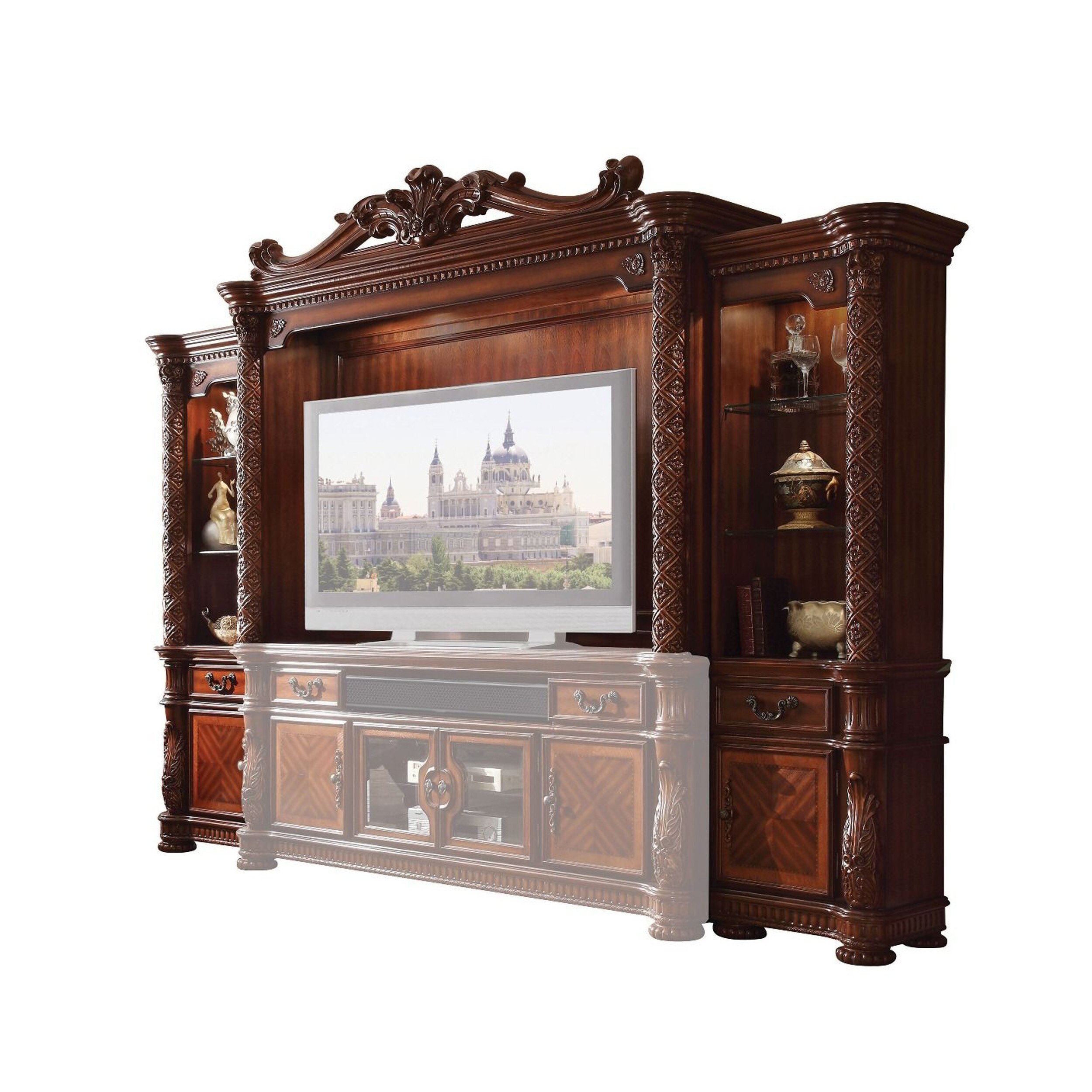 Crown Top Wooden Entertainment Center with Spacious Storage， Brown