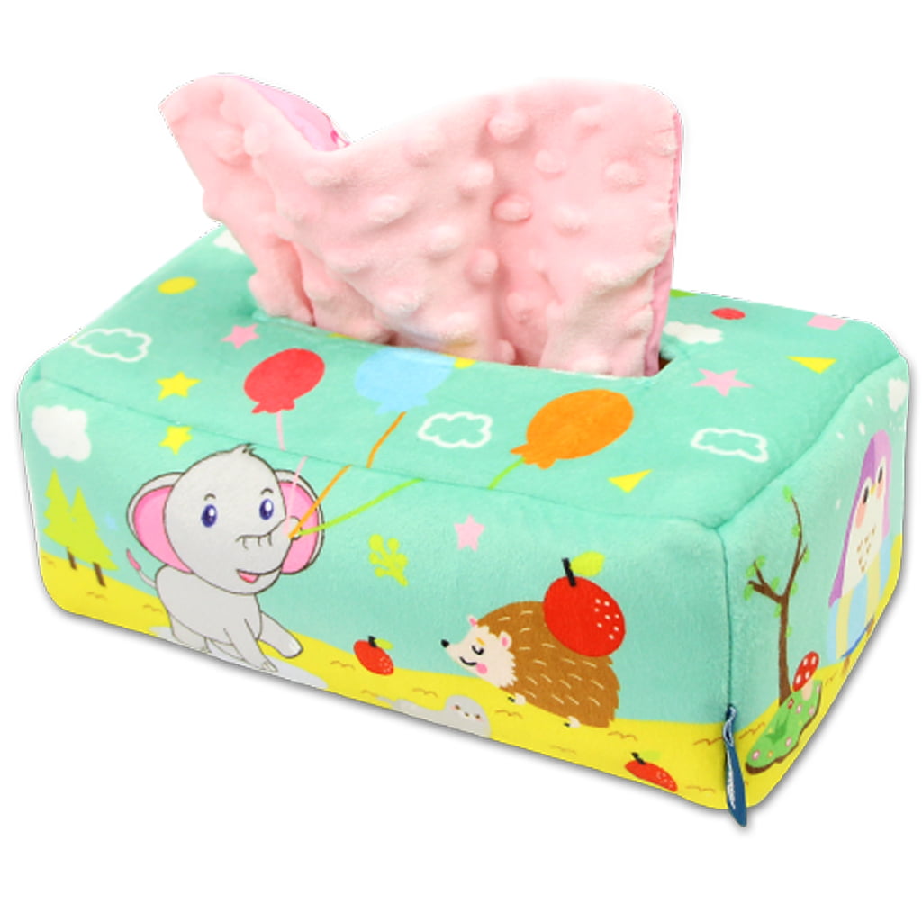 Blublu Park Baby Tissue Box Toys， Soft Stuffed Crinkle Montessori Square Sensory Toys for Toddler Infants Early Educational，Elephant