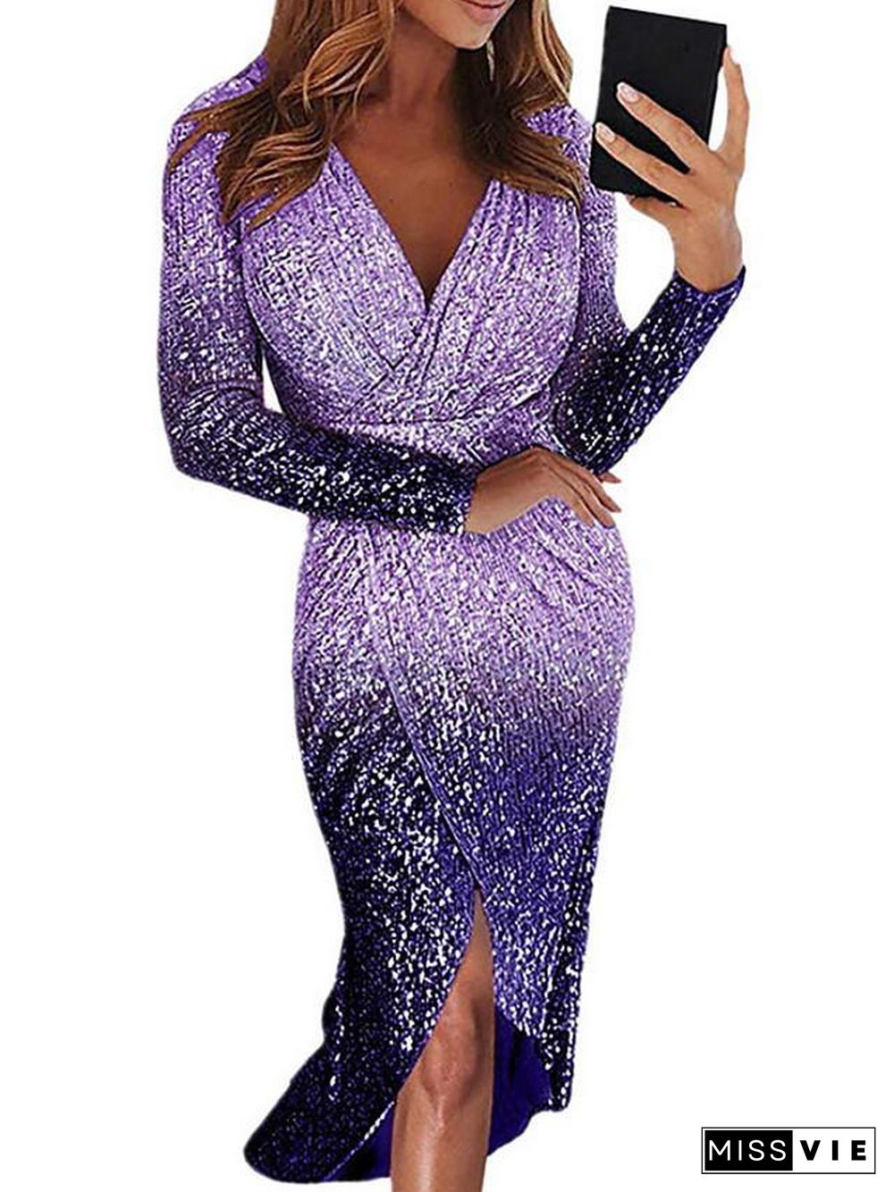 Women's Bodycon Long Sleeve Color Gradient Color Block Sequins Asymmetric Elegant Sexy Black Blue Purple Red Yellow Blushing Pink Gold Silver S M L XL XXL