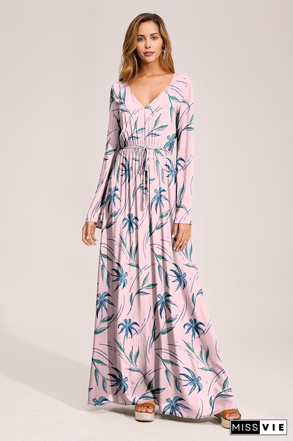 Floral Deep Long Sleeves Tie Back Ruffled Hem Maxi Dress