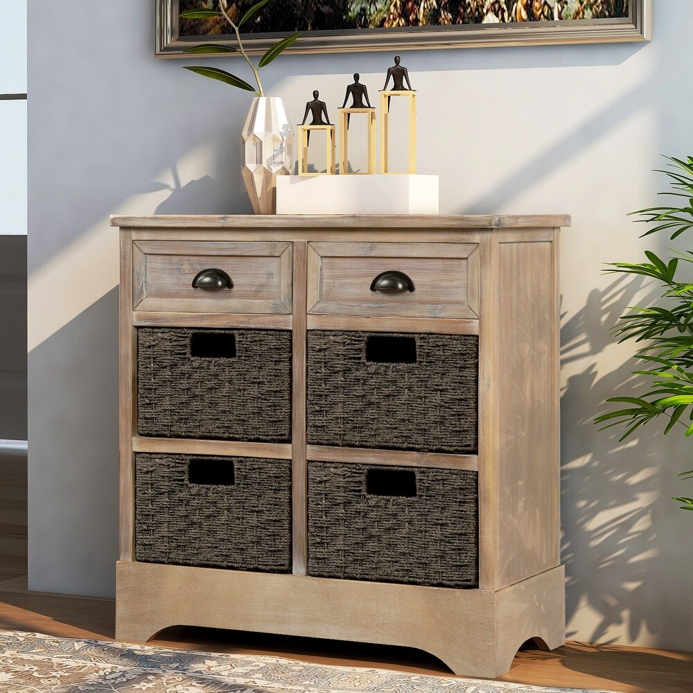 Rustic Storage Cabinet with 2 Drawers and 4 Classic Rattan Basket