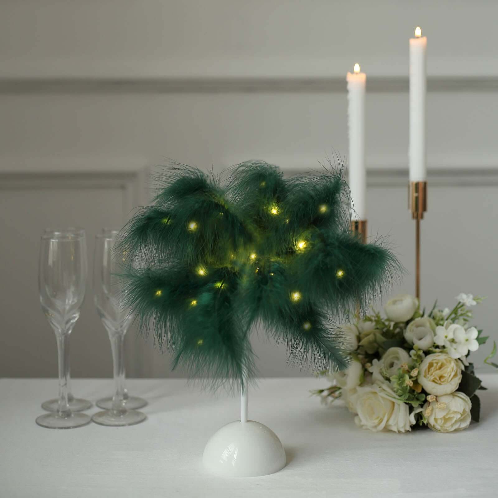 LED Hunter Emerald Green Feather Table Lamp Desk Light, Battery Operated Cordless Wedding Centerpiece 15