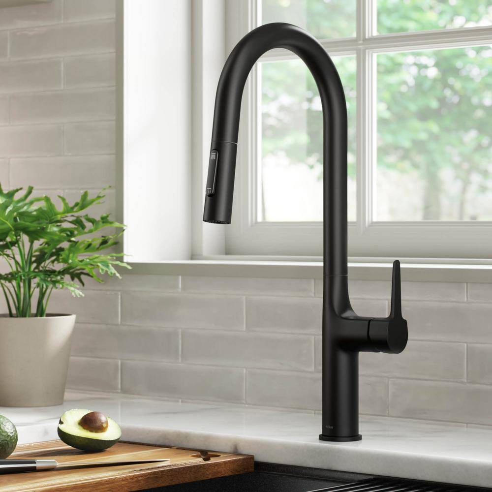 KRAUS Oletto Single Handle Pull Down Sprayer Kitchen Faucet in Matte Black KPF-3101MB