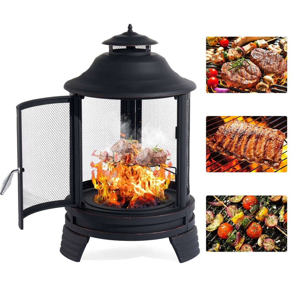 Chiminea Fire Pit with Grill for Outdoor  2 in 1 Fire Pit with Removable Grate