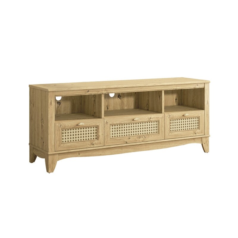 55 inch Rustic Wood TV Stand with Wicker Door Design for TVs up to 65\