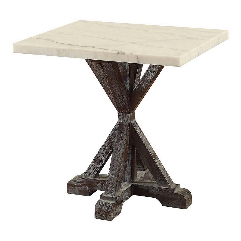 Marble Top End Table With Wooden Tri Pod Base， White And Espresso Brown