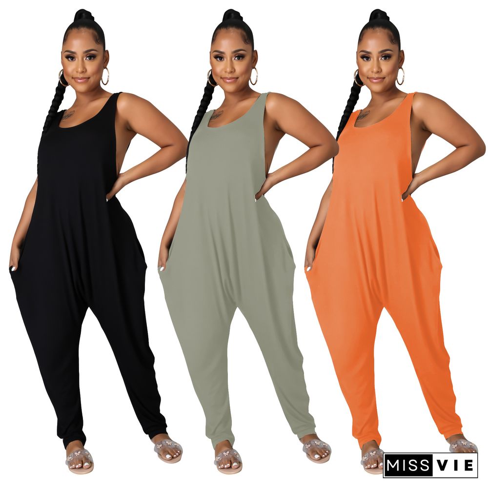 Summer Women Casual Solid Color Loose-Fit Cotton Sleeveless Sexy Nightclub Harlan Jumpsuit